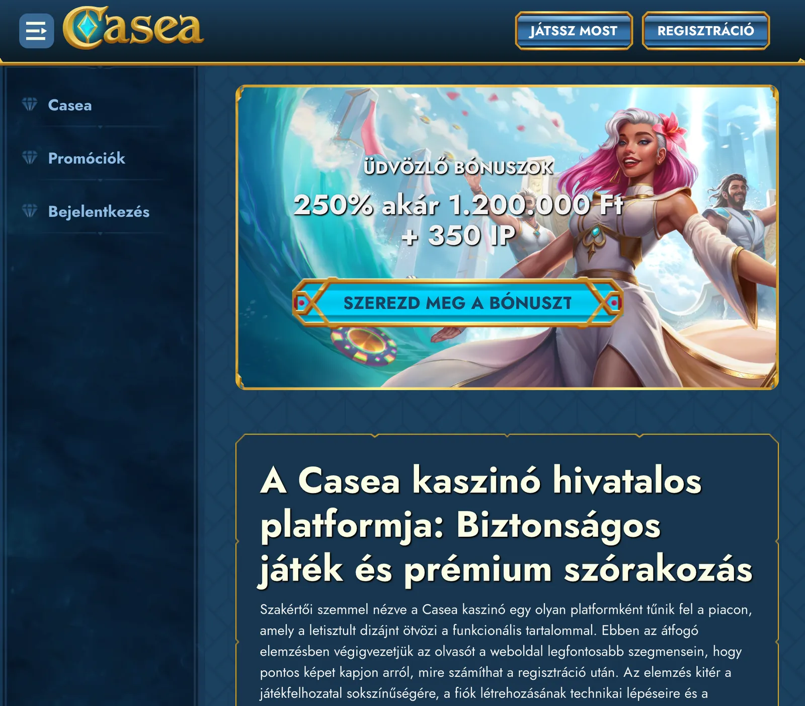 Úvodní stránka Casea s uvítacím bonusem, navigací a představením online kasina