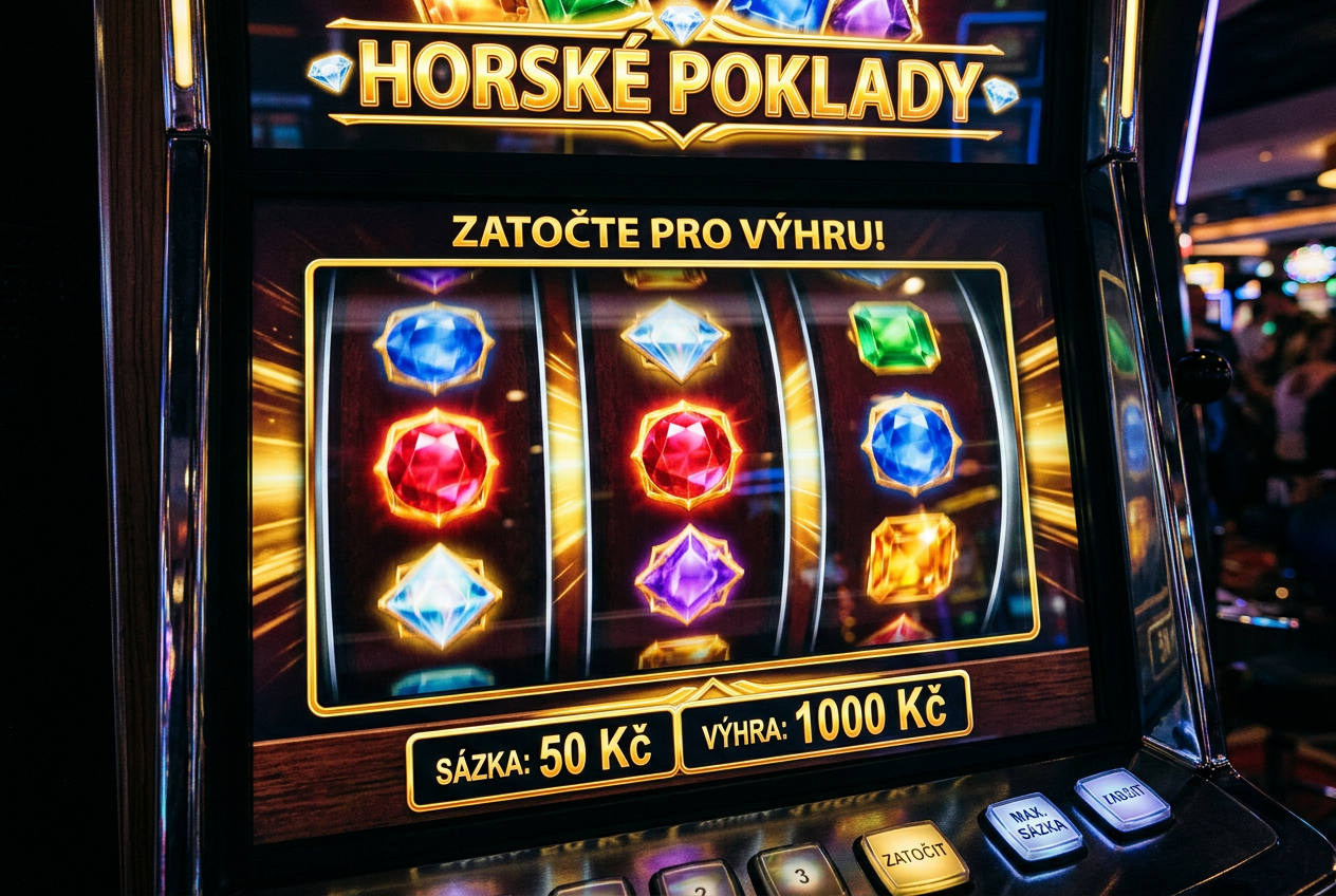 Detailní záběr na točící se válce automatu se symboly drahokamů a zářivými efekty