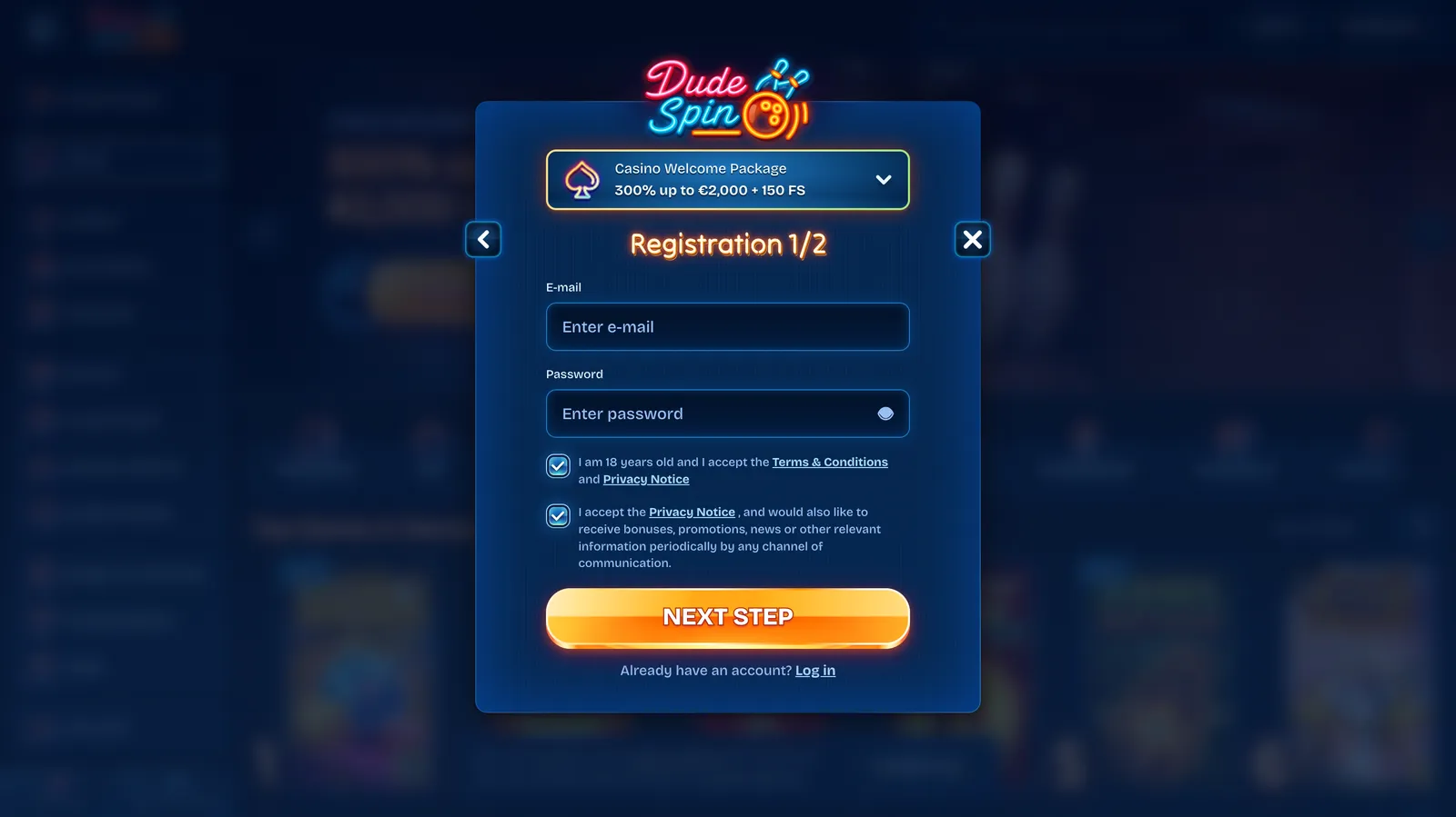 Registrační formulář Dudespin pro vytvoření nového hráčského účtu