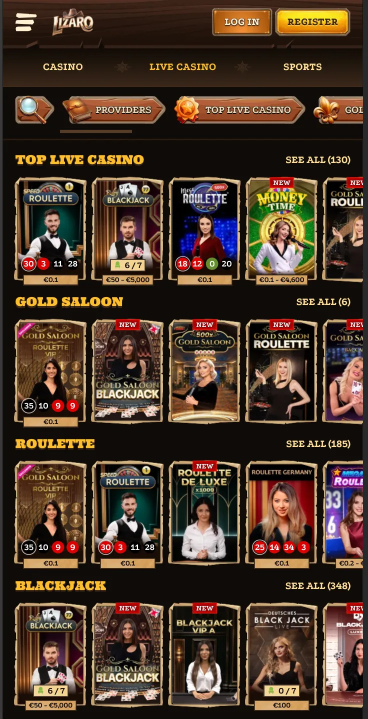 Mobilní rozhraní živého kasina Lizaro se stoly rulety a blackjacku