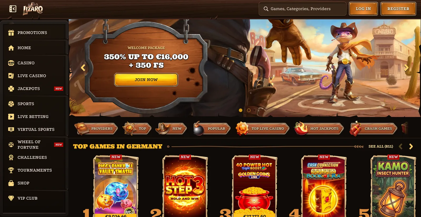 Úvodní stránka herního portálu Lizaro Casino s westernovým motivem a lobby automatů