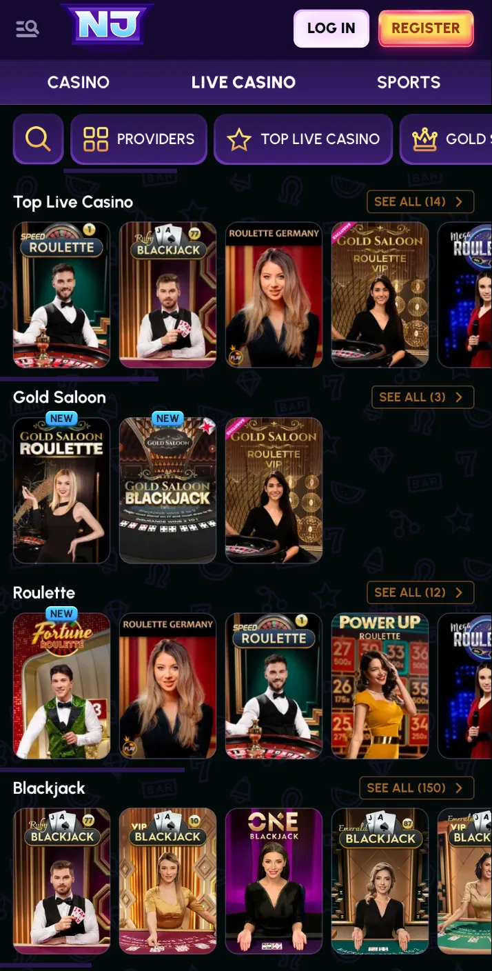 Mobilní rozhraní živého kasina NovaJackpot s nabídkou rulety a blackjacku
