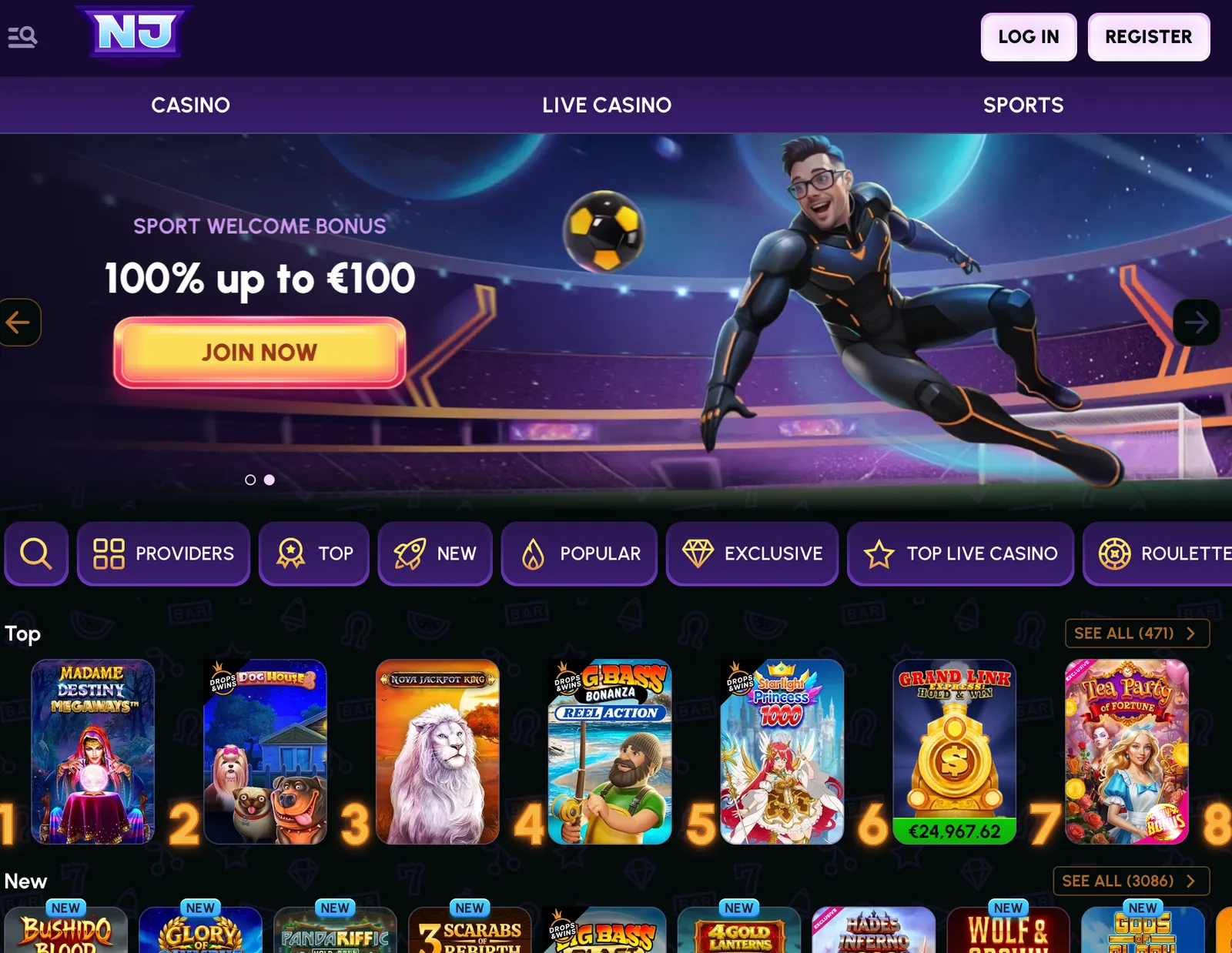 Úvodní stránka kasina NovaJackpot s kategoriemi her a nabídkou oblíbených automatů