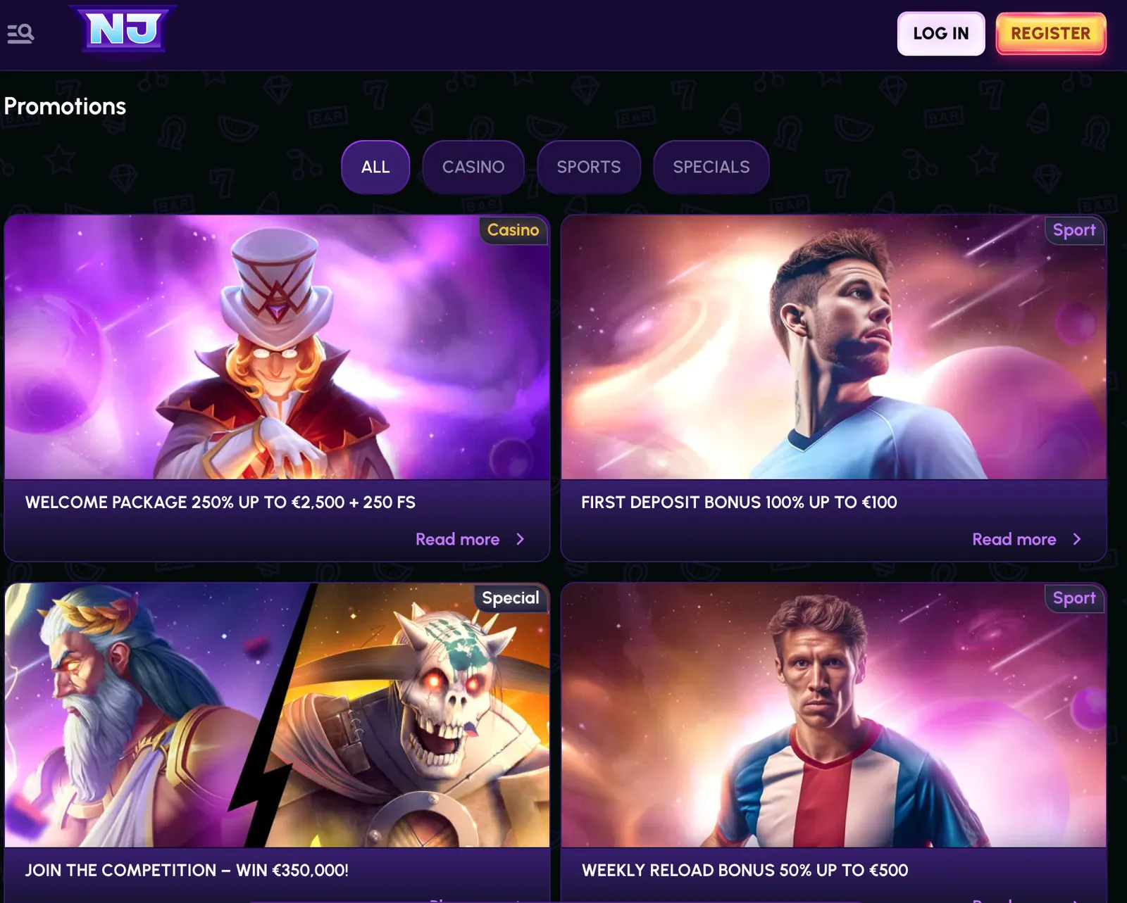 Přehled promo akcí a uvítacích bonusů na stránce kasina NovaJackpot