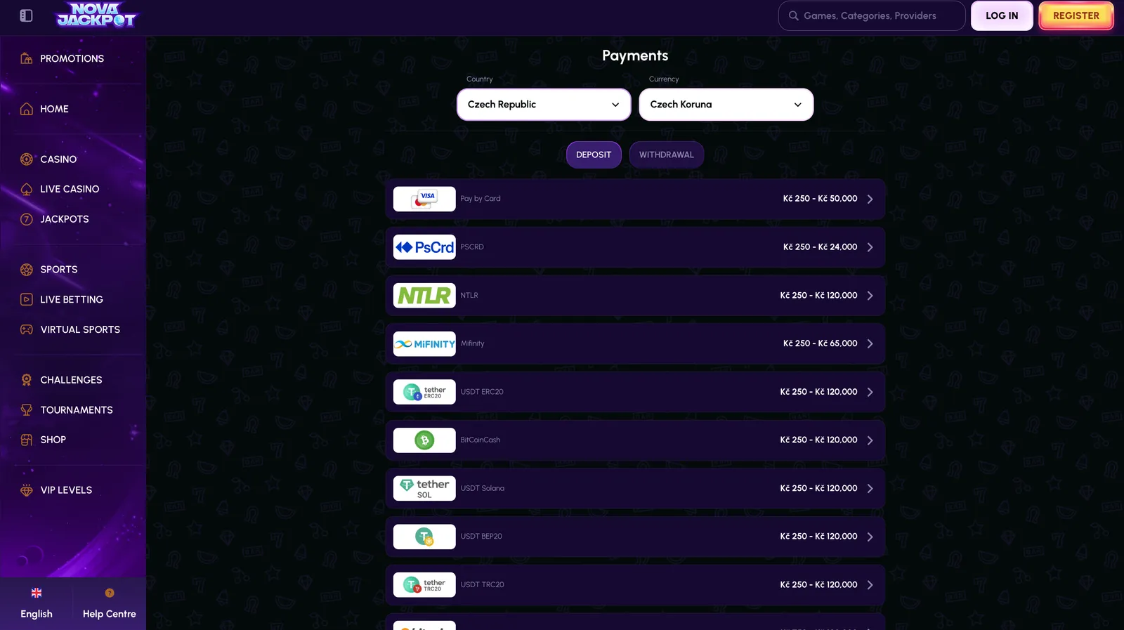 Pokladna kasina NovaJackpot s přehledem platebních metod a limitů vkladu