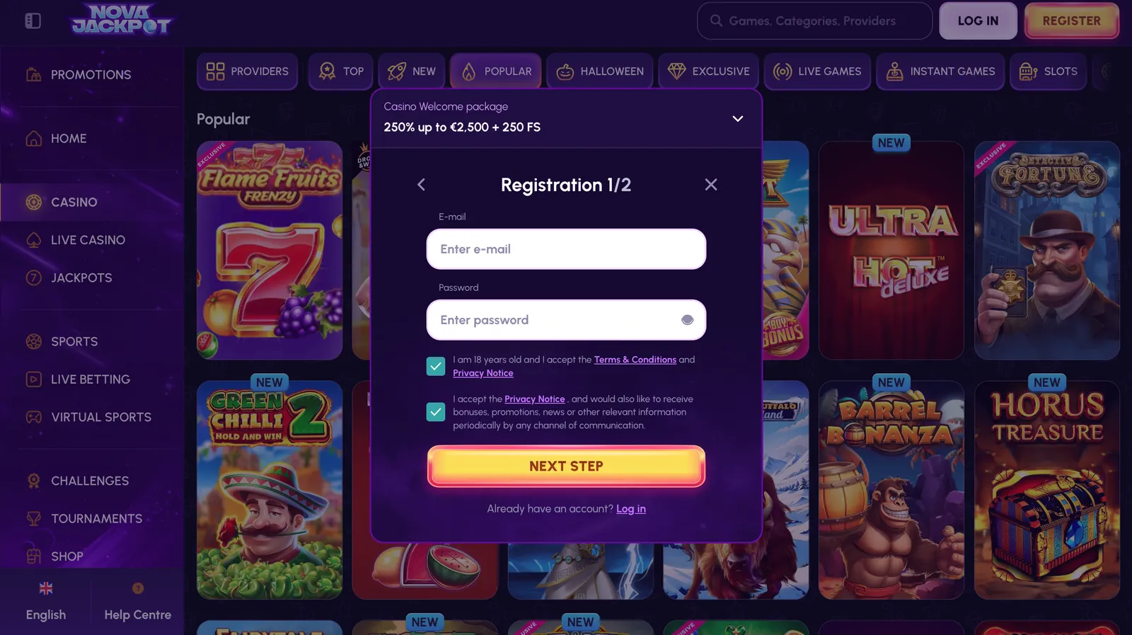 Registrační formulář kasina NovaJackpot s volbou uvítacího bonusu pro nové hráče