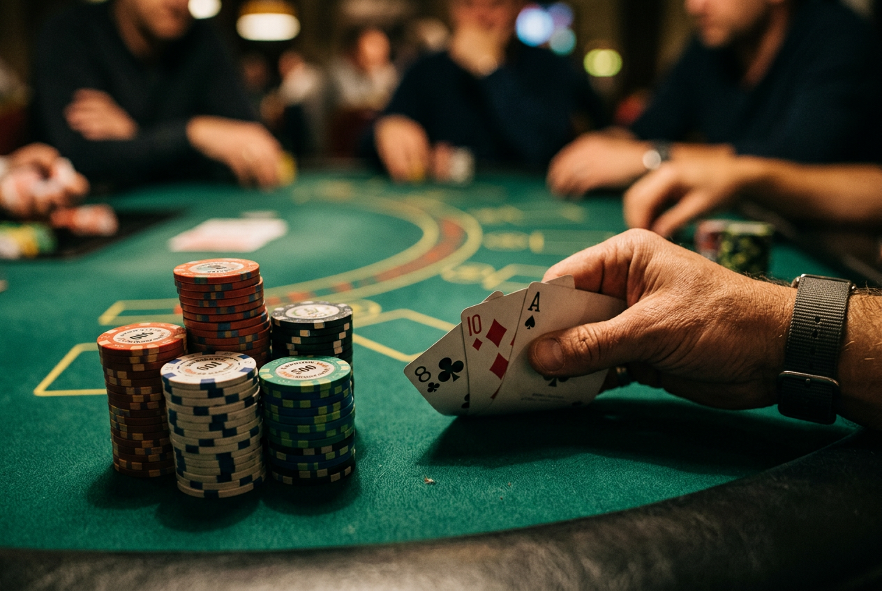 Detailní pohled na pokerové žetony a karty na zeleném plátně