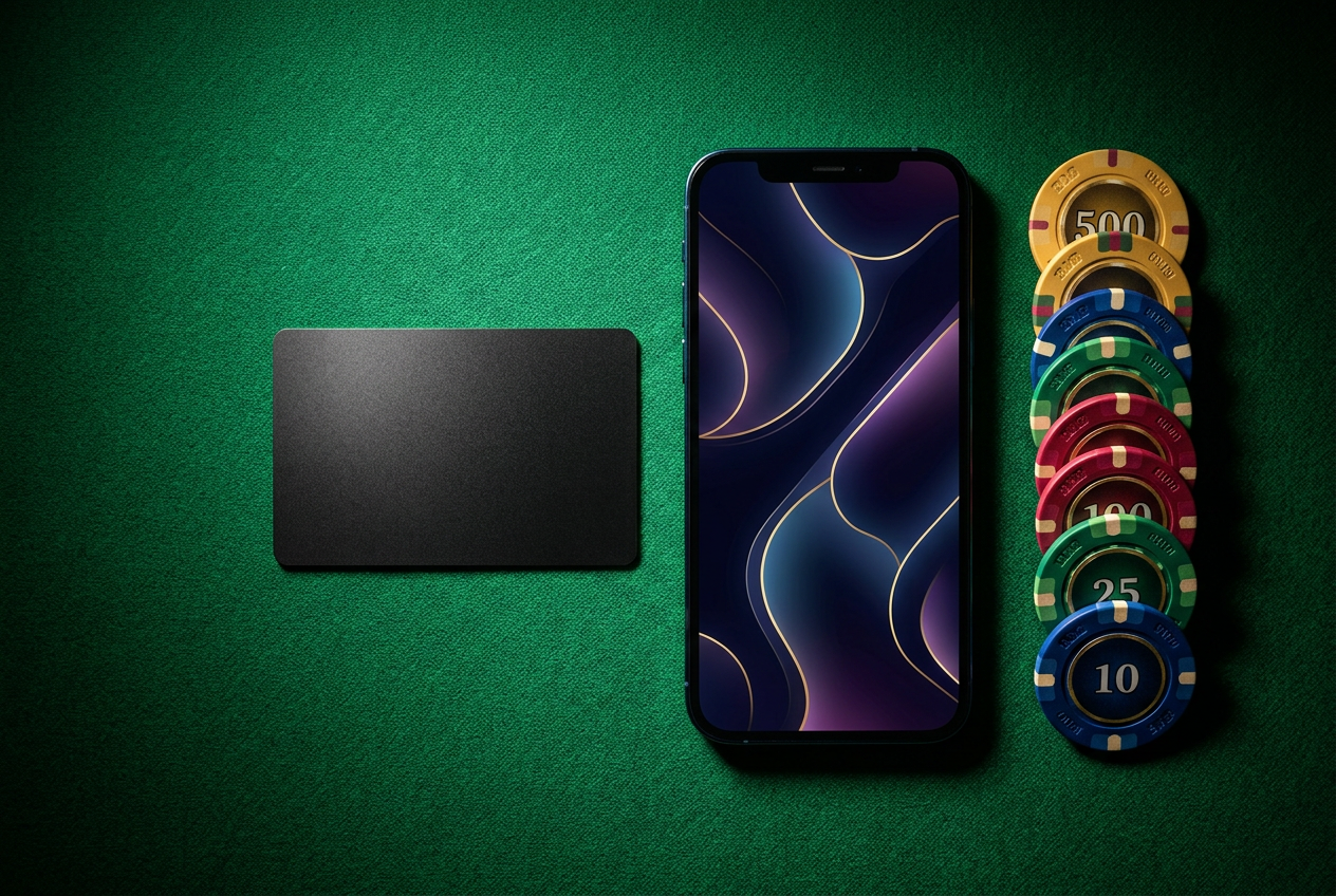 Detailní close-up na unbranded platební kartu a smartphone s rozmazaným displejem vedle hromádky žetonů na zeleném plátně