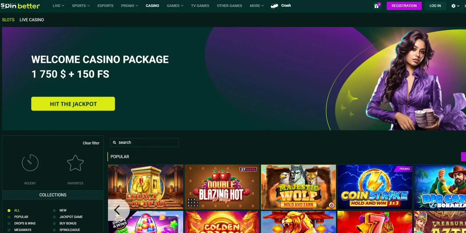 Hlavní lobby kasina SpinBetter s uvítacím balíčkem, kolekcemi a populárními automaty