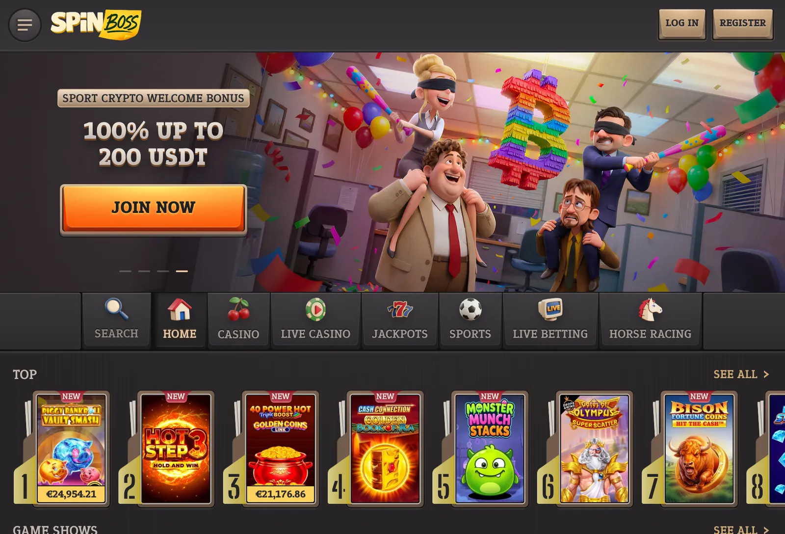Úvodní stránka online casina Spinboss s herním menu a přehledem populárních automatů