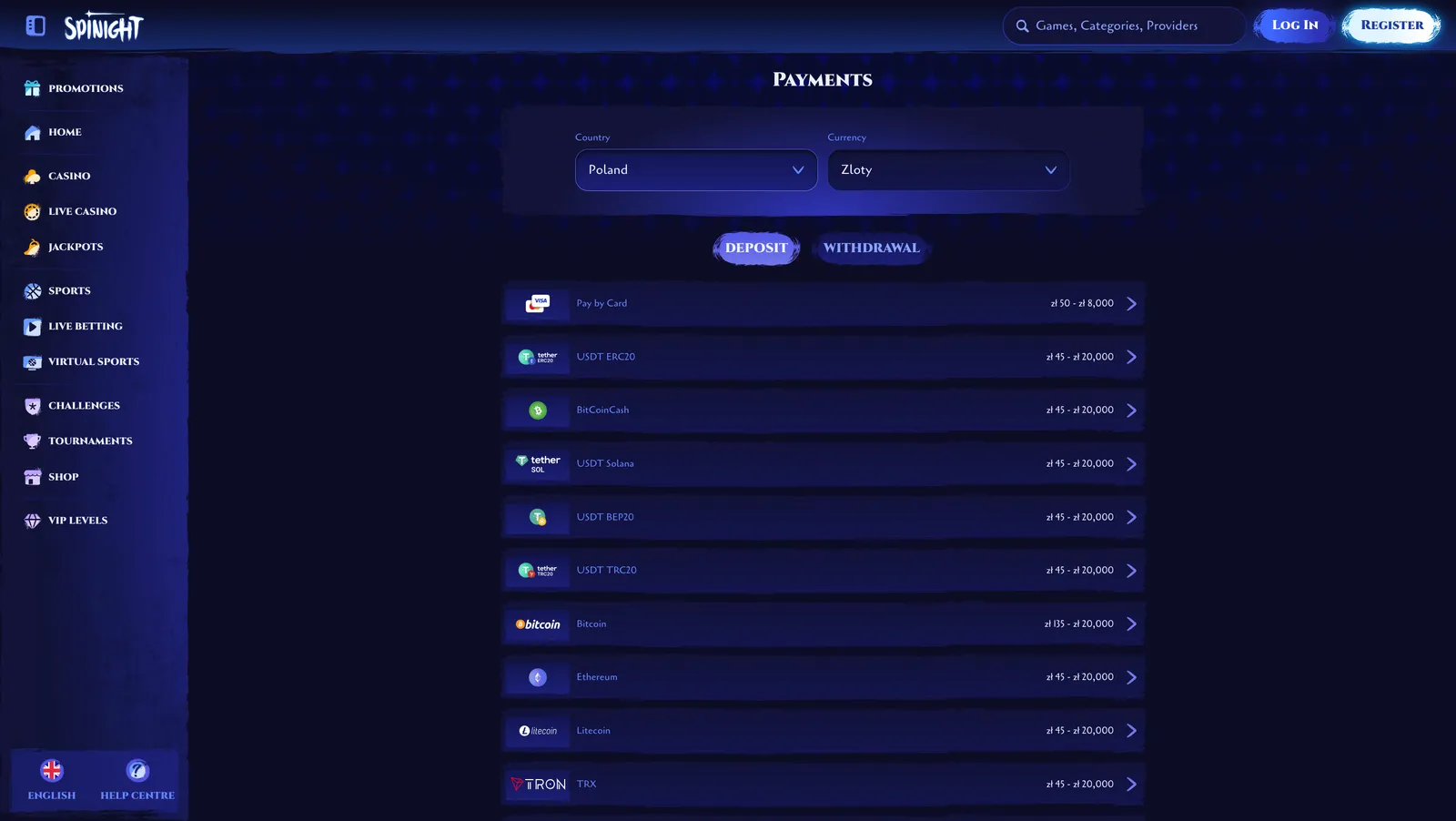 Pokladna kasina Spinight s přehledem vkladových metod a finančních limitů