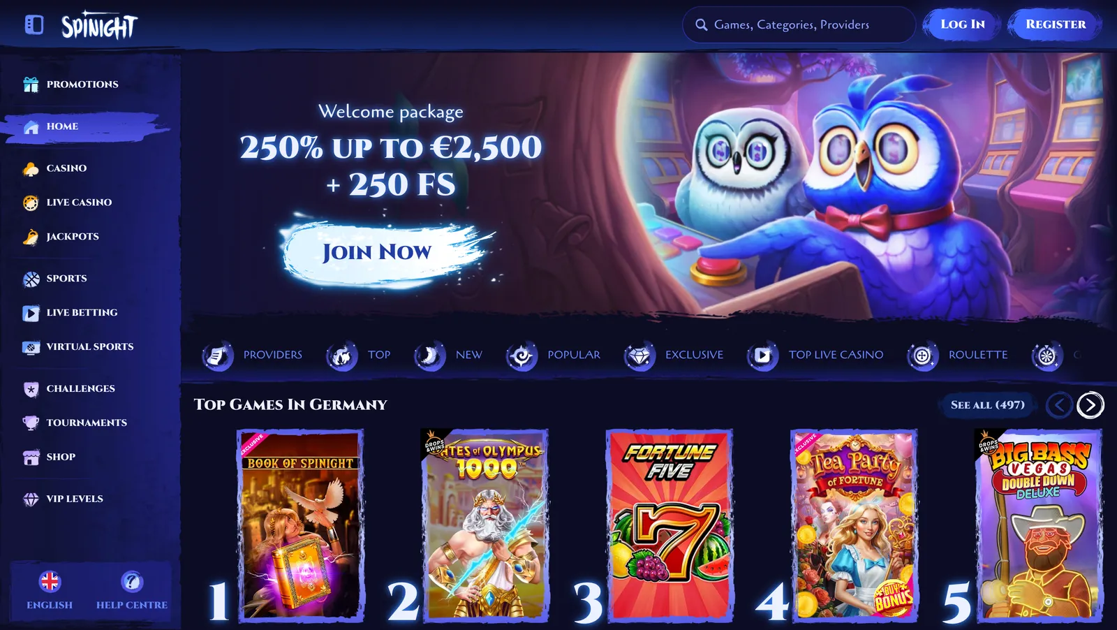 Úvodní stránka kasina Spinight s motivem sovy, herním menu a uvítací nabídkou