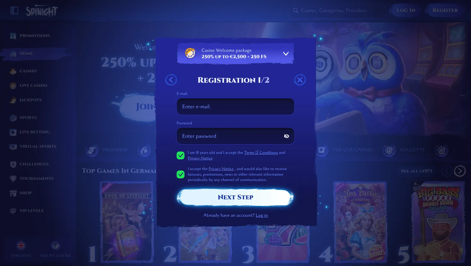 Registrační formulář kasina Spinight pro vyplnění osobních a přihlašovacích údajů hráče