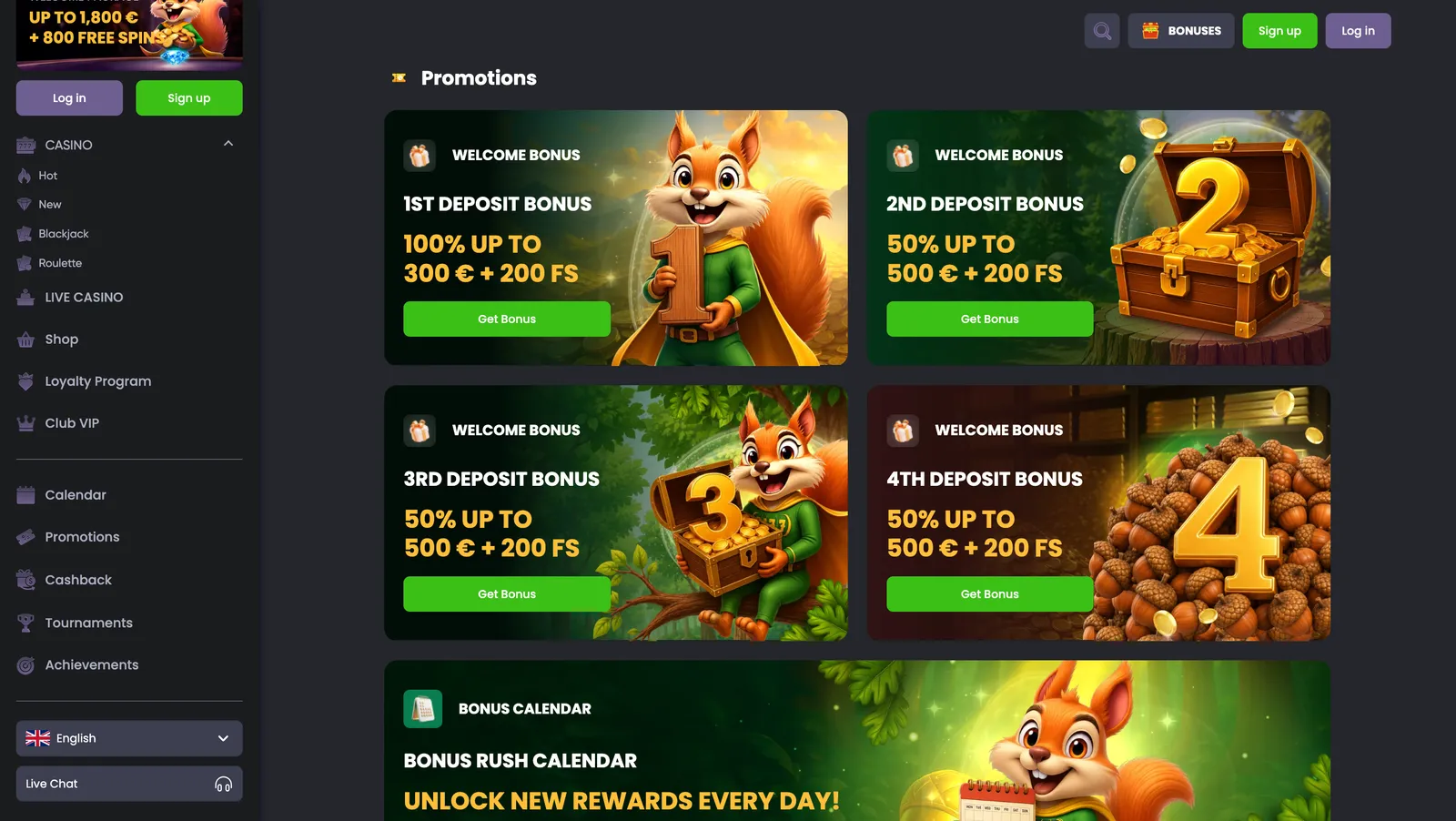 Sekce promo akcí Spinline s uvítacím balíčkem a kalendářem Bonus Rush