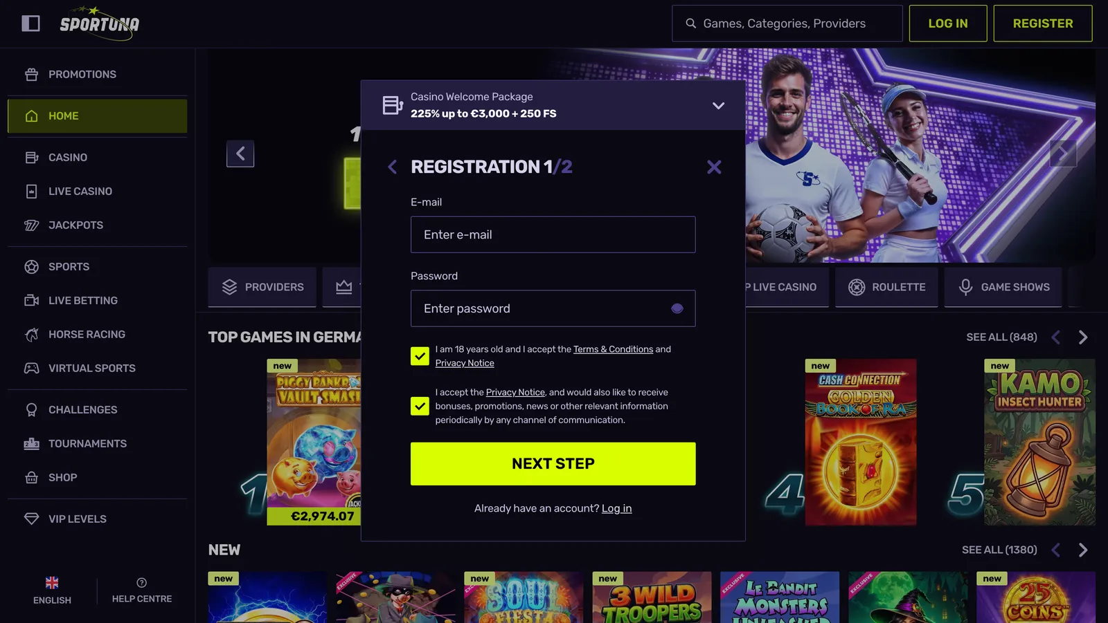 Registrační formulář casina Sportuna pro zadání osobních údajů nového hráče