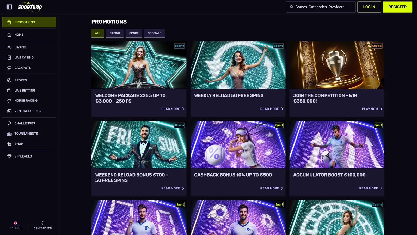 Stránka promo akcí Sportuna casina s uvítacím balíčkem a sportovními bonusy
